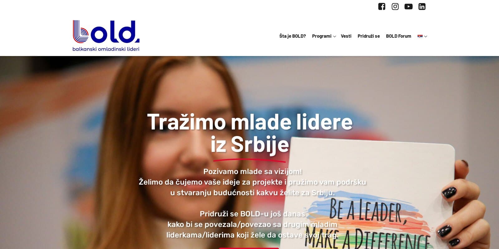 The BOLD Serbia homepage, showing the youth network and programme platform built for the U.S. Embassy in Serbia
