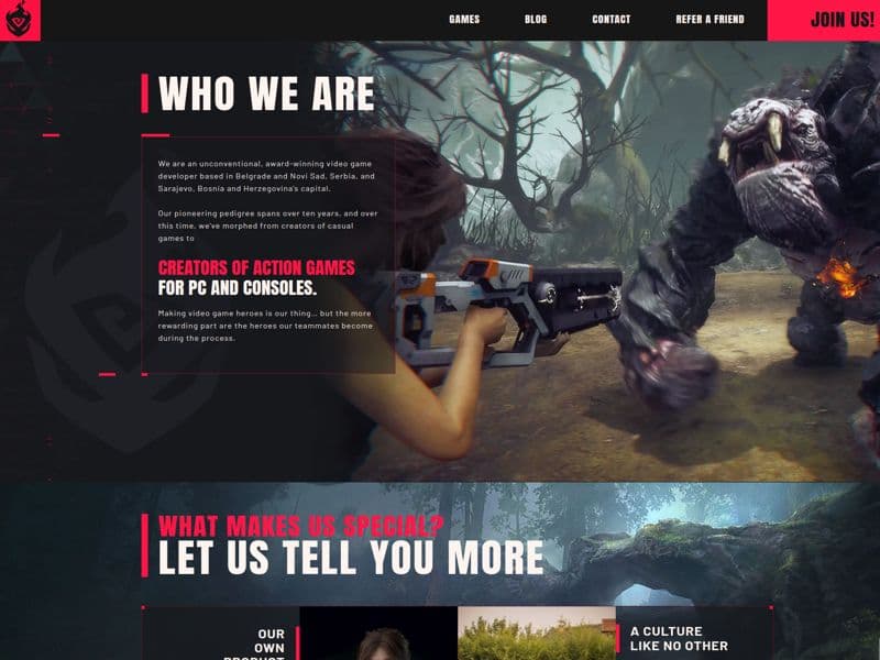 Overview of Mad Head Games website featuring their game Scars Above with dynamic visuals and navigation
